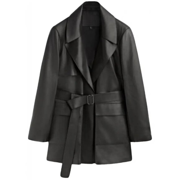Massimo Dutti Jackets & Blazers - MASSIMO DUTTI Cropped Nappa Leather Trench Coat in Black - Size XS